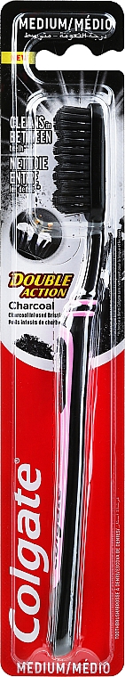 Szczoteczka do zębów z węglem aktywnym, średnia twardość, czarno-różowa - Colgate Double Action Charcoal Medium Toothbrush — Zdjęcie N1