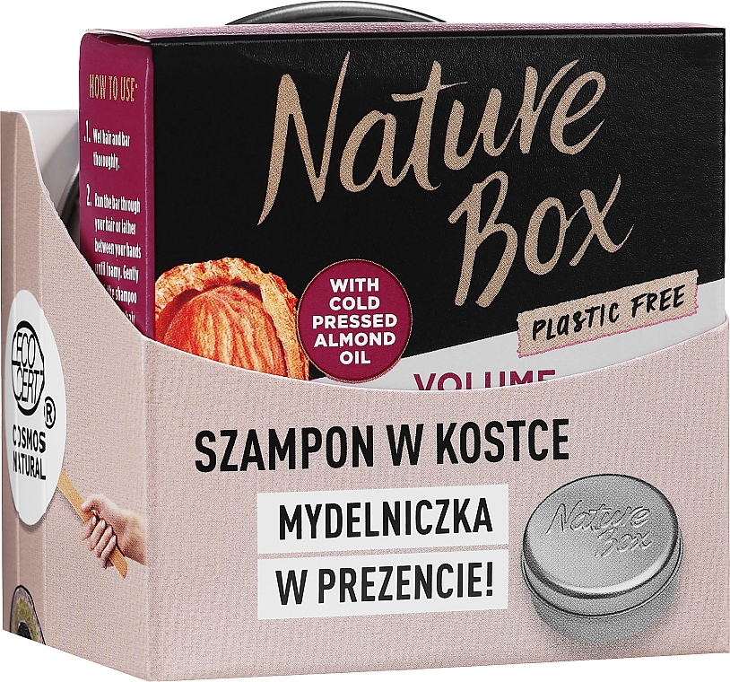 Szampon w kostce do włosów + mydelniczka w prezencie - Nature Box Shampoo Bar Almond Oil — Zdjęcie N1