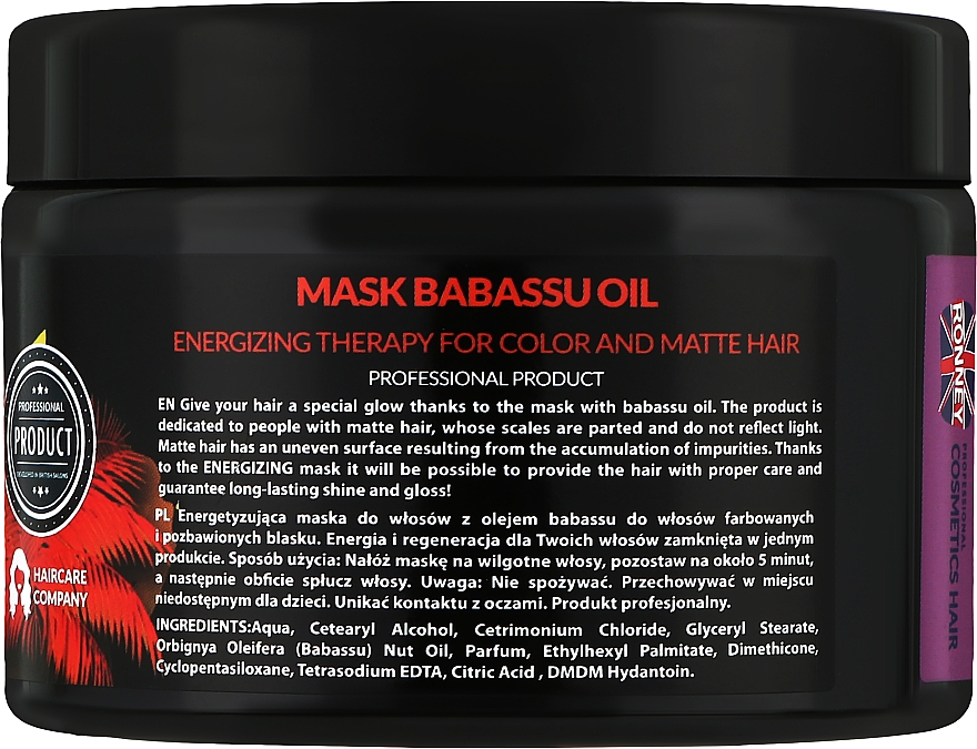Energetyzująca maska z olejem babassu do włosów farbowanych - Ronney Professional Babassu Oil Energizing Mask — Zdjęcie N2