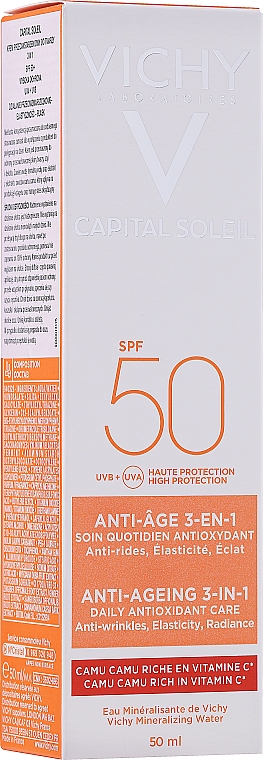 Krem przeciwstarzeniowy do twarzy SPF 50 - Vichy Idéal Soleil Anti-Ageing 3-in-1 Antioxidant Care SPF 50