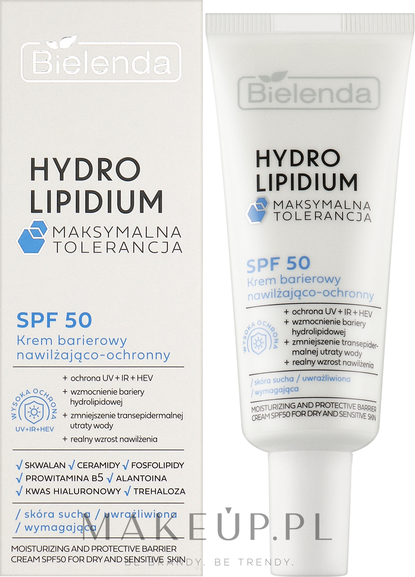 Nawilżająco-ochronny krem barierowy do twarzy SPF 50 - Bielenda Hydro Lipidium SPF50 — Zdjęcie 30 ml