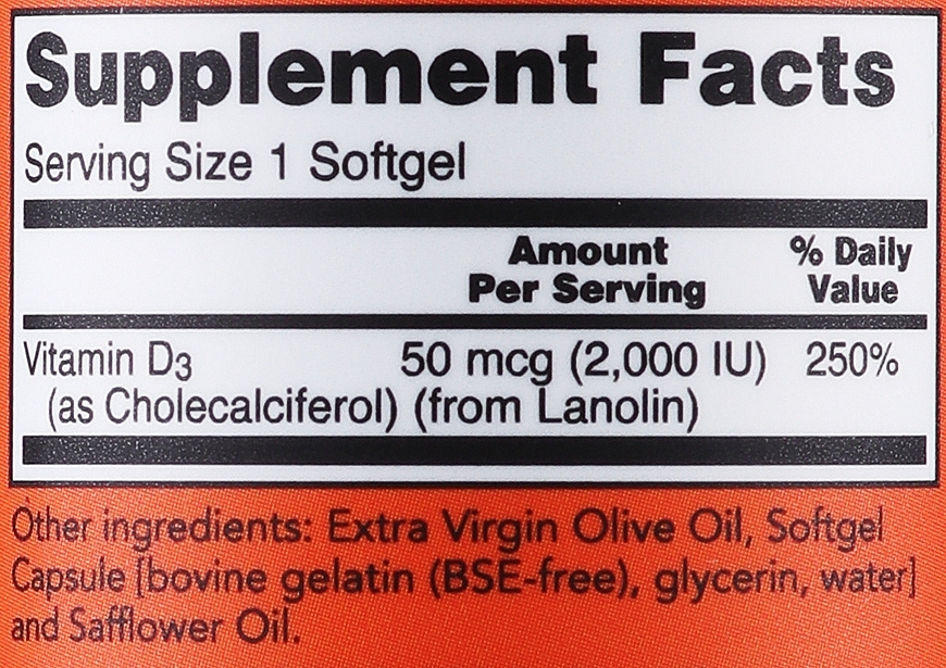 Witamina D-3 w kapsułkach - Now Foods Vitamin D-3 High Potency 2000 IU Softgels — Zdjęcie N3