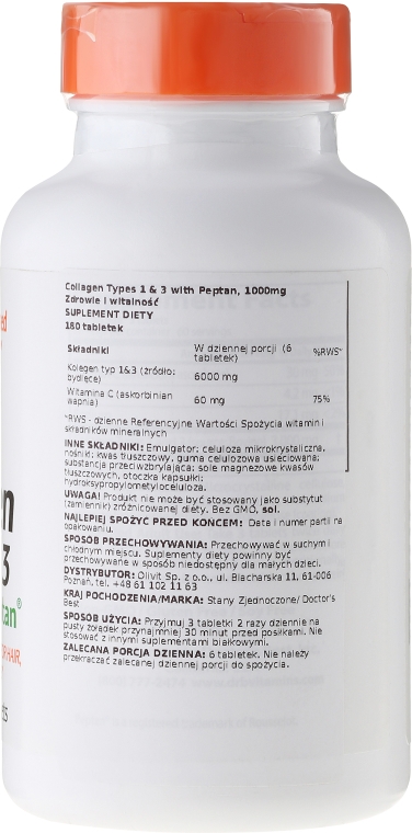 Kolagen typu 1 i 3 z witaminą C na zdrowe stawy - Doctor's Best Collagen Types 1 & 3 with Peptan 1000 mg — Zdjęcie N2
