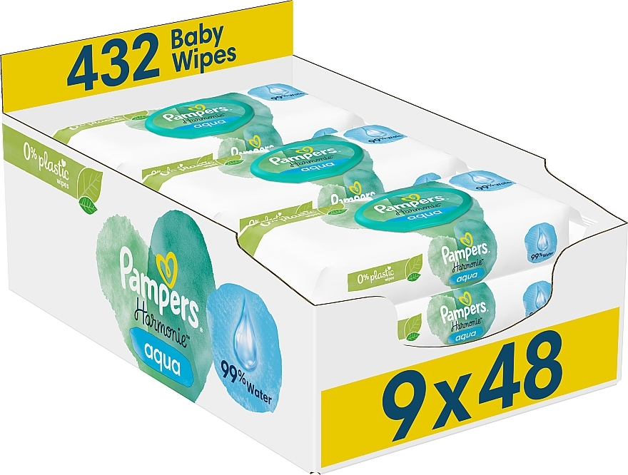 Chusteczki nawilżane dla niemowląt, 9x48 szt. - Pampers Harmonie Aqua Baby Wipes — Zdjęcie N1