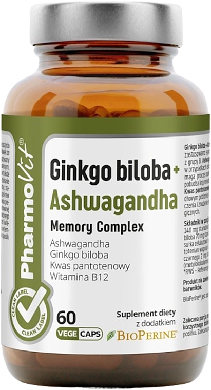Suplement diety Ginkgo Biloba+kompleks pamięci Ashwagandha - Pharmovit Clean Label Ginkgo Biloba + Ashwagandha Memory Complex — Zdjęcie N1