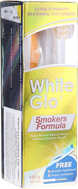 Zestaw wybielający zęby dla palaczy, żółta szczoteczka - White Glo Smokers Formula Whitening Toothpaste (t/paste 100 ml + t/brush + toothpicks) — Zdjęcie N1