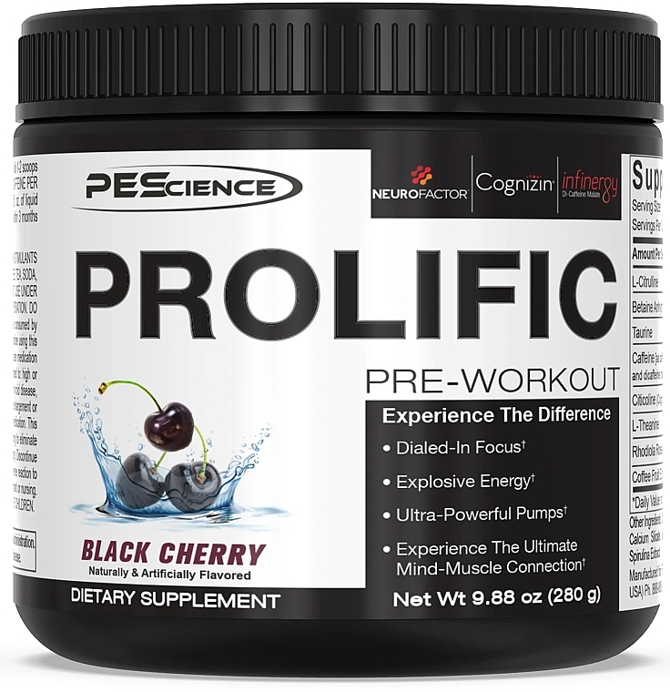Kompleks przedtreningowy Wiśnia - PEScience Prolific Pre-Workout Black Cherry — Zdjęcie N1
