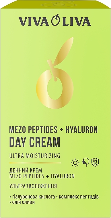 Krem na dzień do twarzy Ultra nawilżający - Viva Oliva Mezo Peptides + Hyaluron Day Cream Ultra Moisturizing SPF 15 — Zdjęcie N2