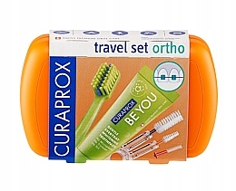 Zestaw ortodontyczny podróżny, pomarańczowy - Curaprox Ortho Travel Set (tbr/1pc + paste/10ml + brush/3pc + bag) — Zdjęcie N1