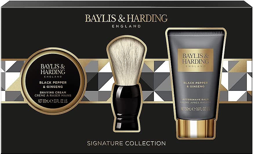 Zestaw - Baylis & Harding Black Pepper & Ginseng Luxury Shave Set (sh/cr/100ml + ash/balm/50ml + sh/brush) — Zdjęcie N1