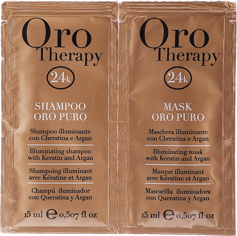 Zestaw do włosów o działaniu rozświetlającym - Fanola Oro Therapy (shm/15ml + mask/15ml)