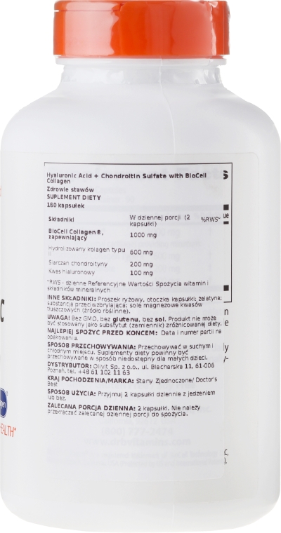 Kwas hialuronowy z siarczanem chondroityny i kolagenem na zdrowe stawy - Doctor's Best Hyaluronic Acid with Chondroitin Sulfate Capsules — Zdjęcie N5
