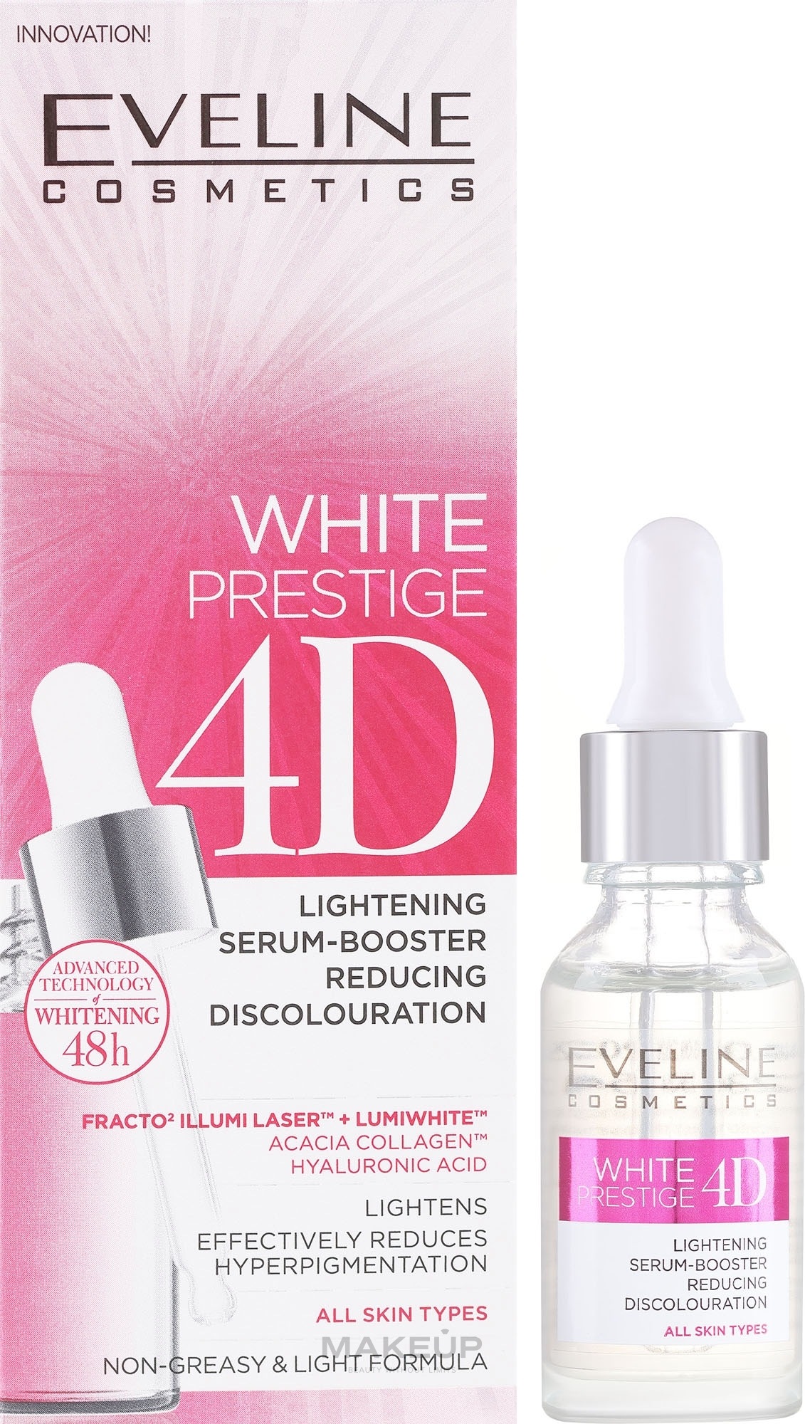 Serum do twarzy - Eveline White Prestige 4D Lightening Serum-Booster Reducing Discolouration — Zdjęcie 18 ml