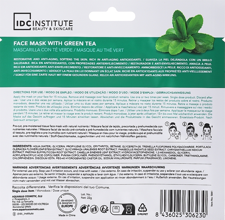 Maseczka do twarzy z zieloną herbatą - IDC Institute Face Mask  — Zdjęcie N2