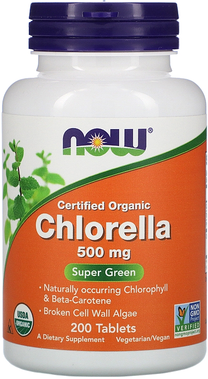 Naturalny suplement Chlorella, 500 mg, 200 kapsułek - Now Foods Certified Organic Chlorella — Zdjęcie N1