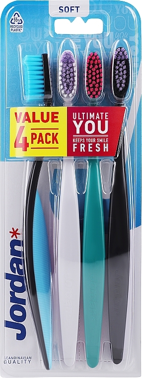 Miękka szczoteczka do zębów, 4 sztuki, czarno-niebieska+szara+zielona+czarna - Jordan Ultimate You Soft Toothbrush — Zdjęcie N1