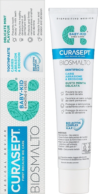 Pasta do zębów dla dzieci od 6 miesięcy do 6 lat, miętowa - Curaprox Curasept Biosmalto Baby-Kid Caries, Abrasion & Erosion Delicate Mint — Zdjęcie N2