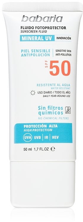 Płyn ochronny do twarzy bez filtrów chemicznych SPF50 - Babaria Sun Mineral Fotoprotector Facial Fluid — Zdjęcie N1