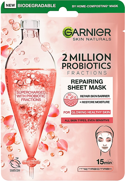 Regenerująca maska do twarzy na tkaninie z probiotykami - Garnier Skin Naturals 2 Million Probiotics Fractions Repairing Sheet Mask — Zdjęcie N1