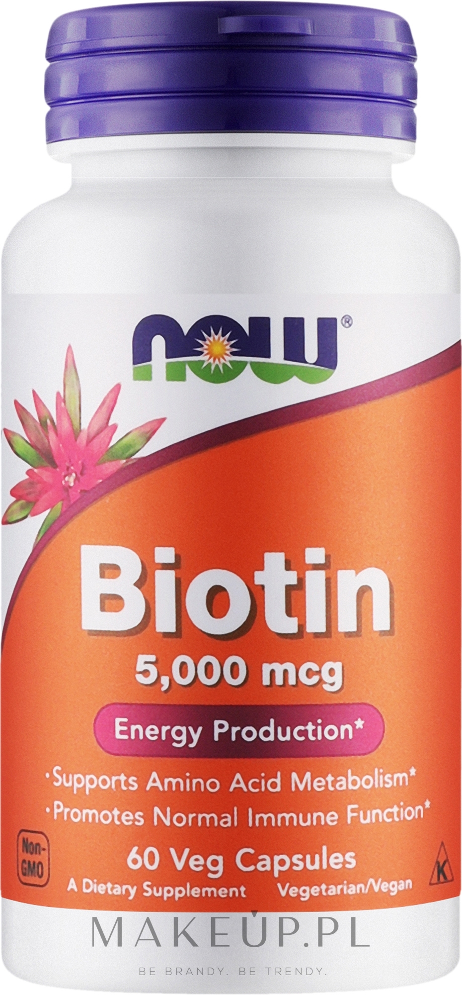 Suplement diety Biotyna, 5000 mcg - Now Foods Biotin 5000 Mcg Energy Production — Zdjęcie 60 szt.