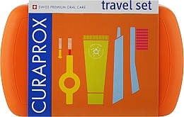 Kup Zestaw podróżny do higieny jamy ustnej, pomarańczowy - Curaprox Be You (tbr/1szt + paste/10ml + 2xbrush/1szt + acc + bag)