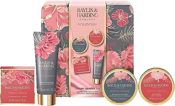 Zestaw - Baylis & Harding Boudoire Tropical Paradise Luxury Pamper Tin Gift Set (sh/cr/50ml + b/butter/50ml + soap/50g + cr/50ml) — Zdjęcie N1