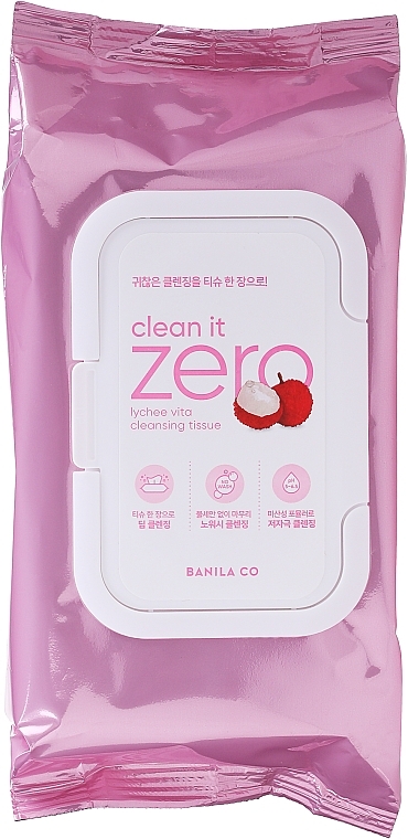 PRZECENA! Chusteczki nawilżane do oczyszczania twarzy, 80 szt. - Banila Co Clean It Zero Lychee Vita Cleansing Tissue Pink * — Zdjęcie N1