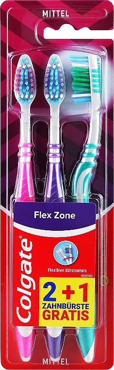 Zestaw szczoteczek do zębów średnio twardych, 3 sztuki, różowy+fioletowy+zielony - Colgate Flex Zone — Zdjęcie N1