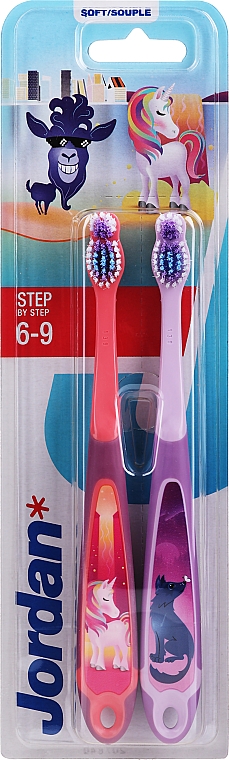Szczoteczki do zębów dla dzieci 6-9 lat, różowa + fioletowa - Jordan Step By Step Soft — Zdjęcie N1