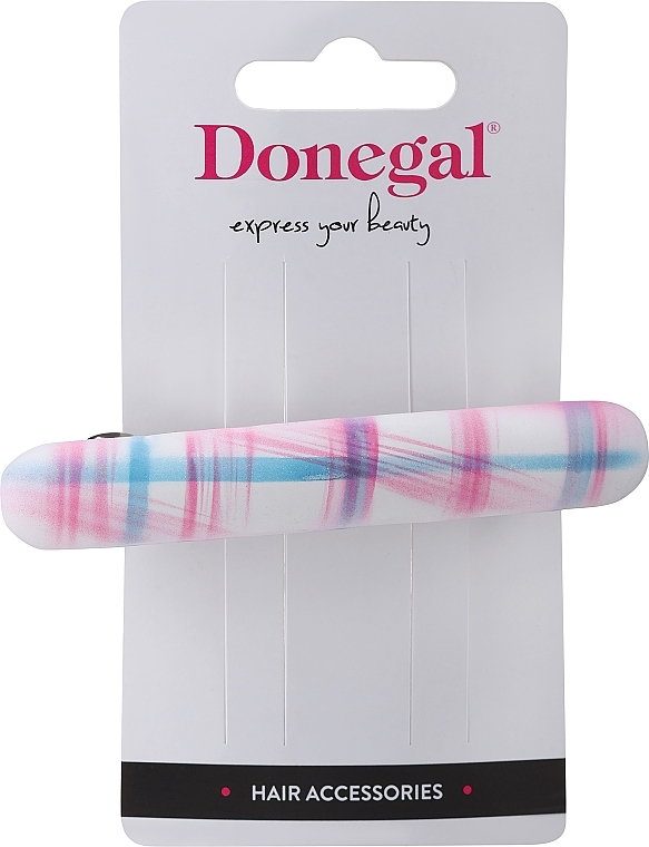 Spinka do włosów, FA-5684, biała z różowo-niebieskimi paskami - Donegal — Zdjęcie N1