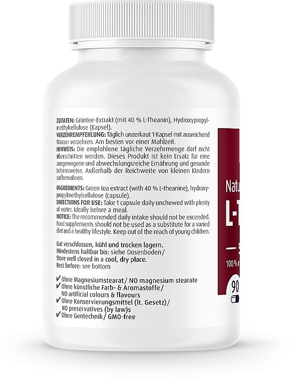 Suplement diety L-Teanina, 500 mg - ZeinPharma L-Theanin Natural Forte 500mg Capsules — Zdjęcie N2