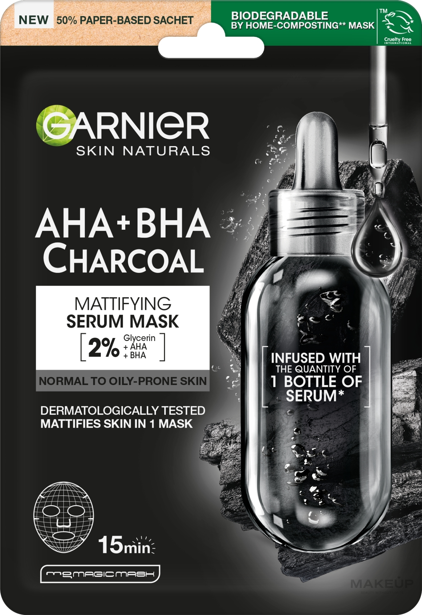 Oczyszczająco-nawilżająca czarna maska na tkaninie zwężająca pory - Garnier Pure Charcoal Black Tissue Mask — Zdjęcie 28 g