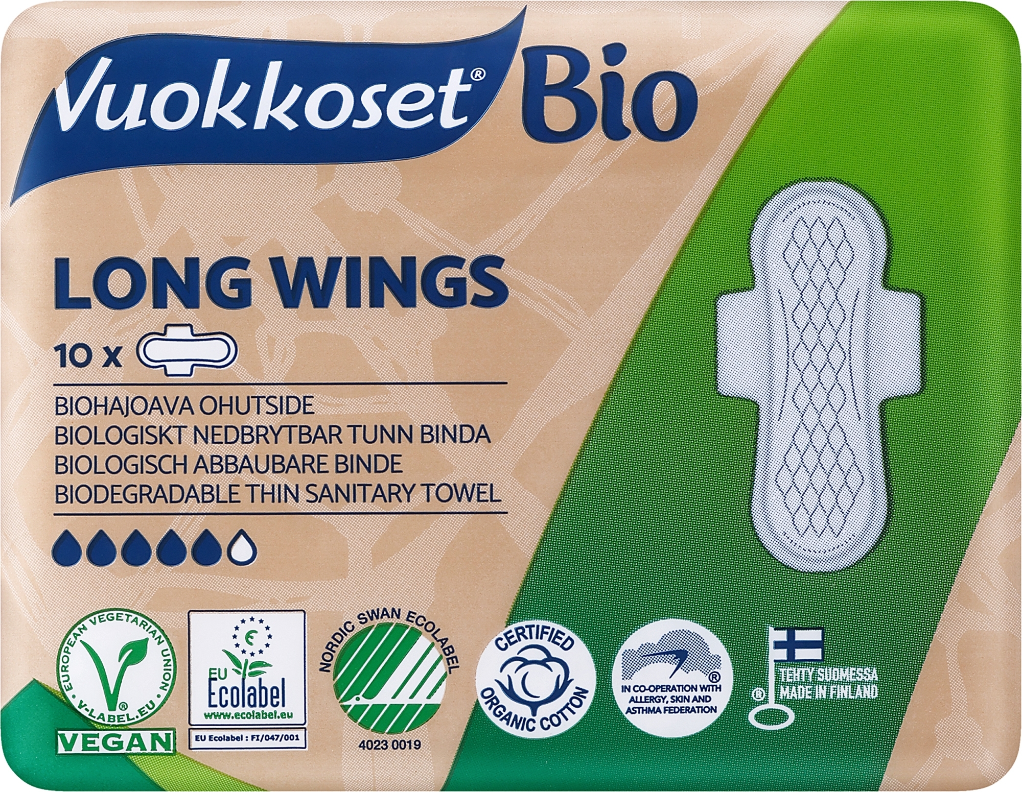 Podpaski higieniczne ze skrzydełkami, 10 szt. - Vuokkoset BIO Long Wings — Zdjęcie 10 szt.