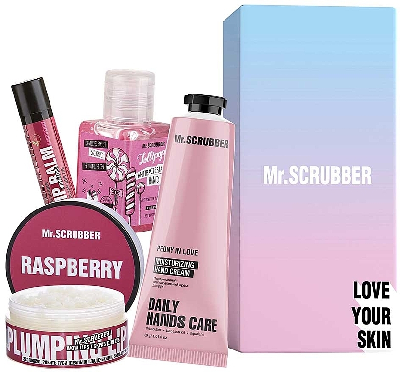 Zestaw - Mr.Scrubber Sweet Raspberry (lip/balm/5g + lip/scrub/50ml + h/cr/50ml + sanitizer/30ml) — Zdjęcie N1