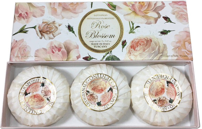 Zestaw naturalnych mydeł w kostce Róża - Saponificio Artigianale Fiorentino Rose Blossom Soap (3 x soap 100 g) — Zdjęcie N2