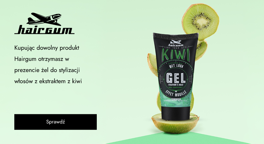 Kupując dowolny produkt Hairgum otrzymasz w prezencie żel do stylizacji włosów z ekstraktem z kiwi.