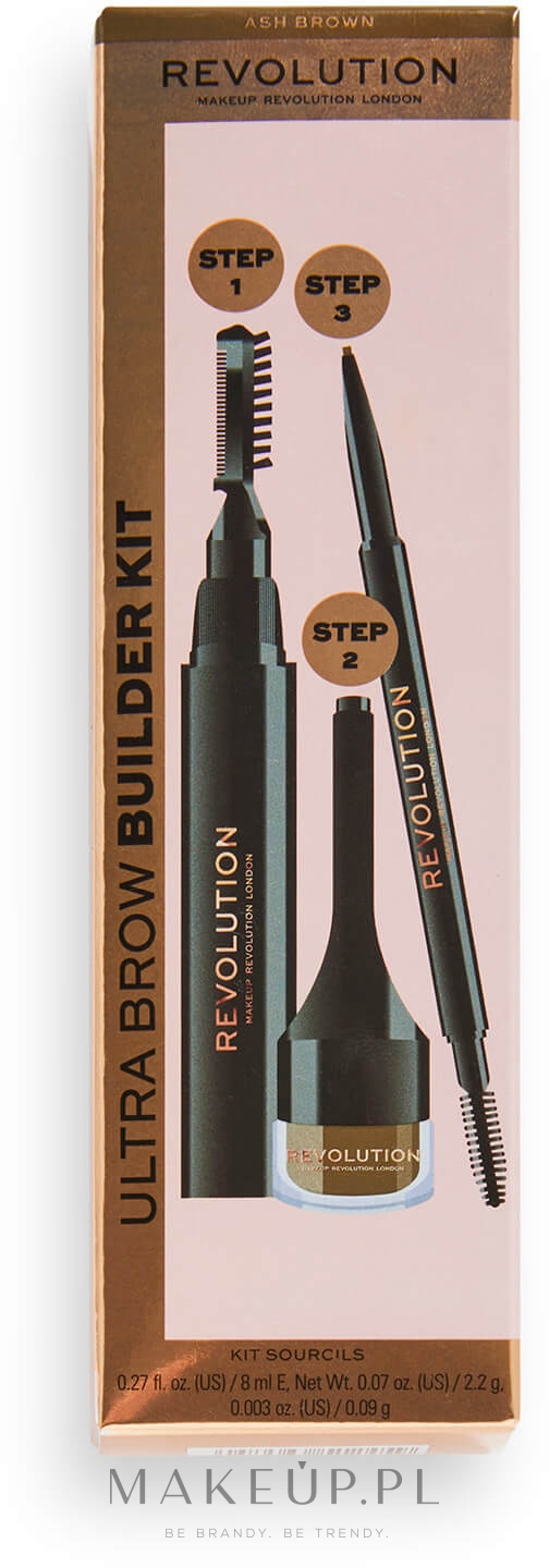 Zestaw - Makeup Revolution Ultra Brow Builder Kit (wax/8ml + brow/pomade/2,2g + eye/crayon/0,09g) — Zdjęcie Ash Brown