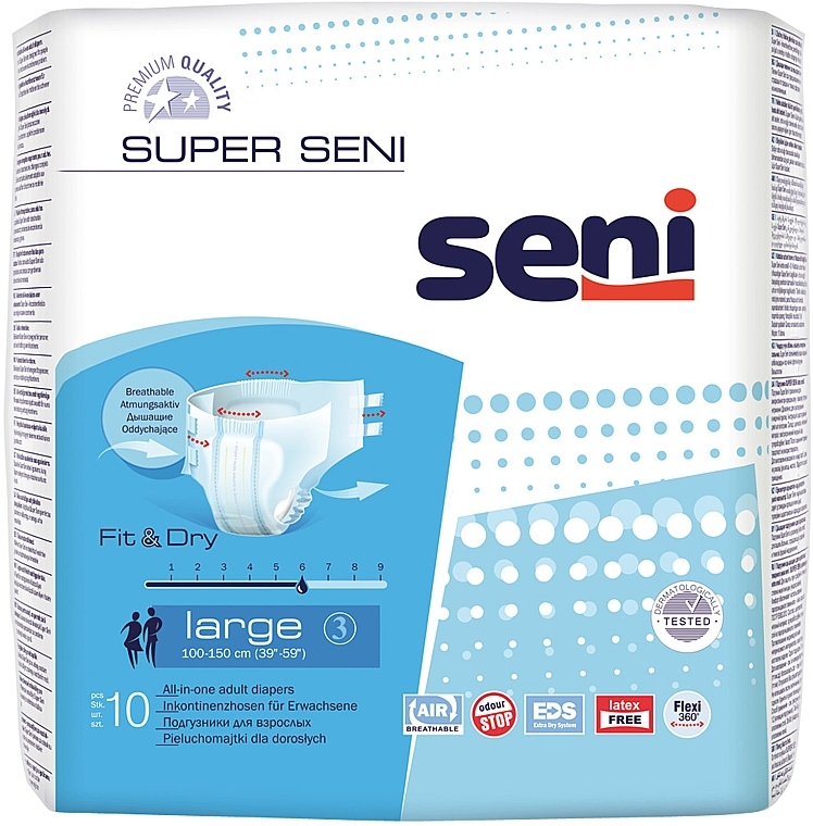 Pieluchy dla dorosłych, 100-150 cm, 10 sztuk - Seni Super Seni Large 3 Fit & Dry — Zdjęcie N1