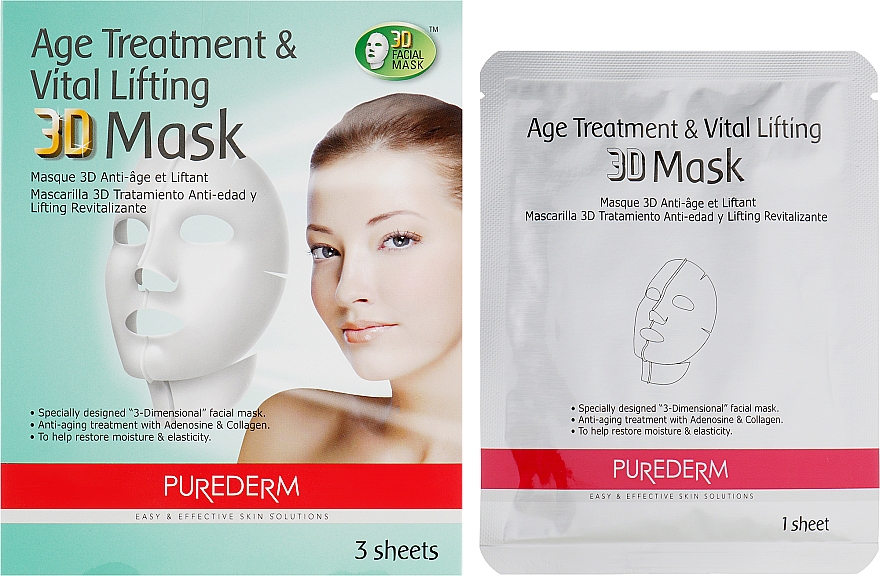 Zestaw przeciwstarzeniowych maseczek napinających 3D - Purederm Age Treatment&Vital Lifting 3D Mask — Zdjęcie N1