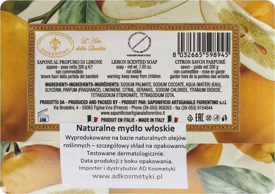 Mydło w kostce Cytryna - Saponificio Artigianale Fiorentino Lemon — Zdjęcie N2