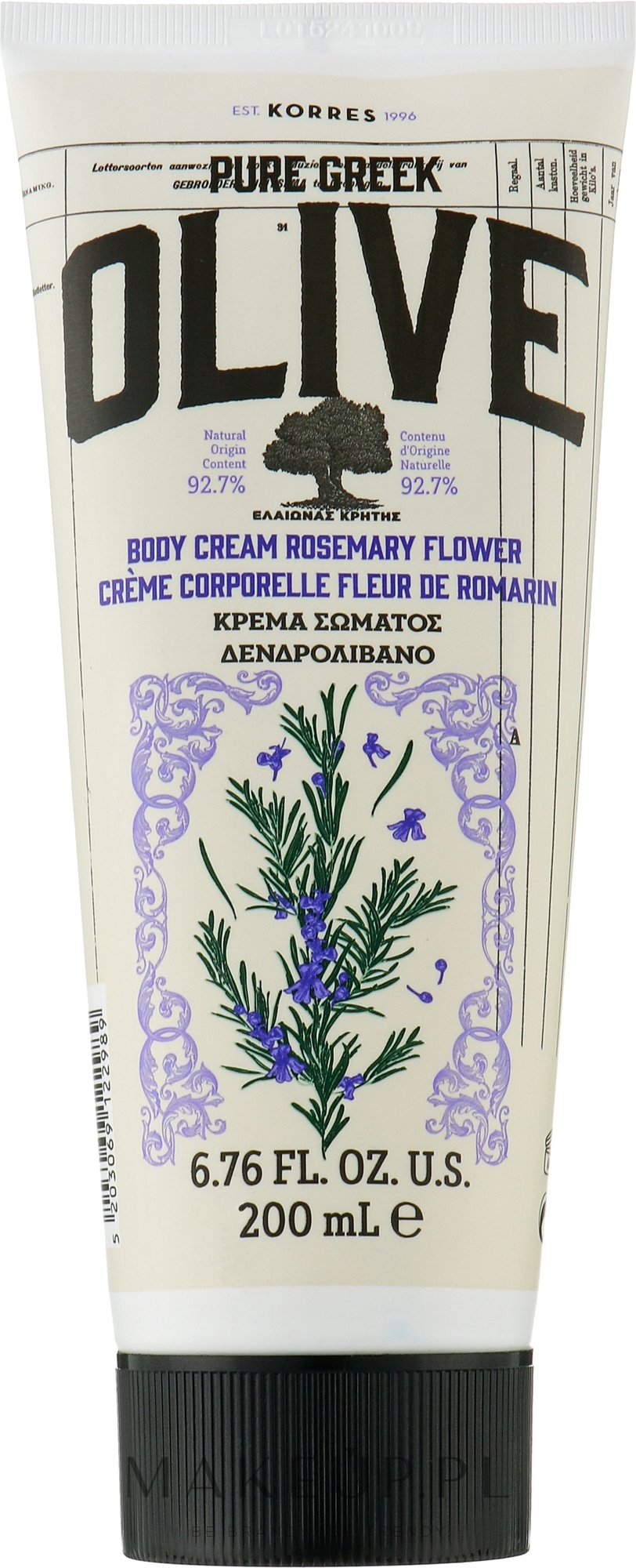 Nawilżający krem do ciała z oliwą z oliwek Kwiat rozmarynu - Korres Pure Greek Olive Rosemary Flower Body Cream — Zdjęcie 200 ml
