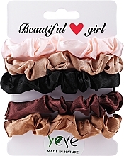Zestaw satynowych gumek do włosów, 5 szt, jasno różowa + beżowa + czarna + ciemno brązowa + brązowa - Yeye — Zdjęcie N1