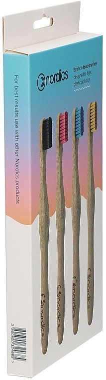 Bambusowe szczoteczki do zębów, 4 sztuki, z czarnym, różowym, niebieskim i żółtym włosiem - Nordics Aadult Bamboo Toothbrushes — Zdjęcie N2