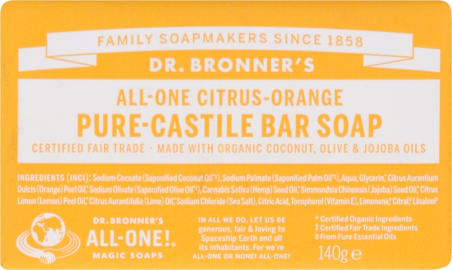 Mydło Citrus i pomarańcza - Dr Bronner’s Pure Castile Bar Soap Citrus & Orange — Zdjęcie N1