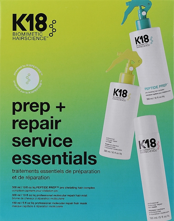 Zestaw - K18 Hair Prep + Repair Service Essentials Set (complex/hair/300ml + mist/hair/300ml + mask/hair/150ml) — Zdjęcie N1