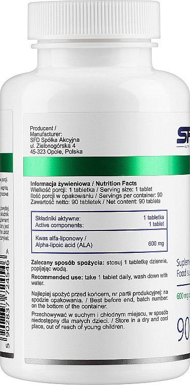 Kwas alfa-liponowy - SFD Nutrition Ala 600 mg — Zdjęcie N2