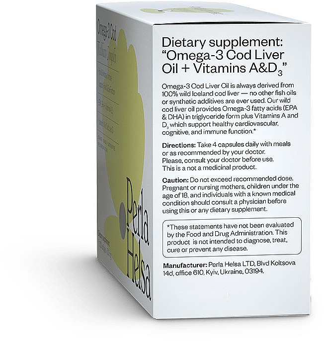 Suplement diety Omega-3 z witaminami A i D3, 500 mg, 120 kapsułek - Perla Helsa Omega-3 Cod Wellness Complex Dietary Supplement — Zdjęcie N4