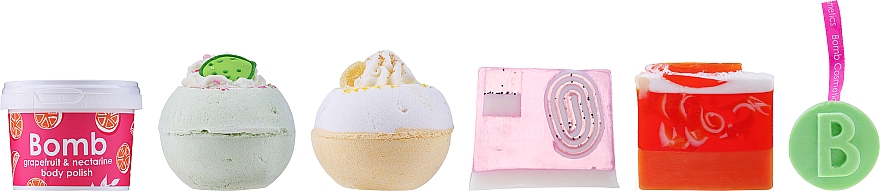 Zestaw peelingu i maski do ust Limonka i Gruszka - Bomb Cosmetics Fruit Basket Hexagonal Gift Box (b/bomb/2pcs + soap/2pcs + b/scr/120ml + sh/gel/120ml) — Zdjęcie N3