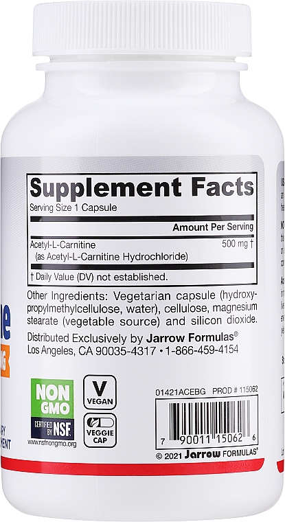 Acetylokarnityna w kapsułkach - Jarrow Formulas Acetyl L-Carnitine 500 mg — Zdjęcie N3