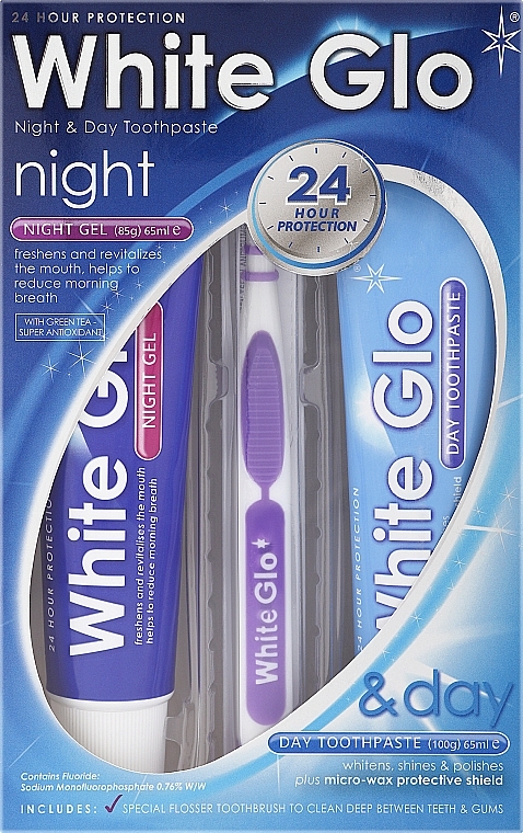 Zestaw do czyszczenia zębów z fioletową szczoteczką - White Glo Night & Day Toothpaste (t/paste/65ml + t/gel/65ml + toothbrush) — Zdjęcie N1